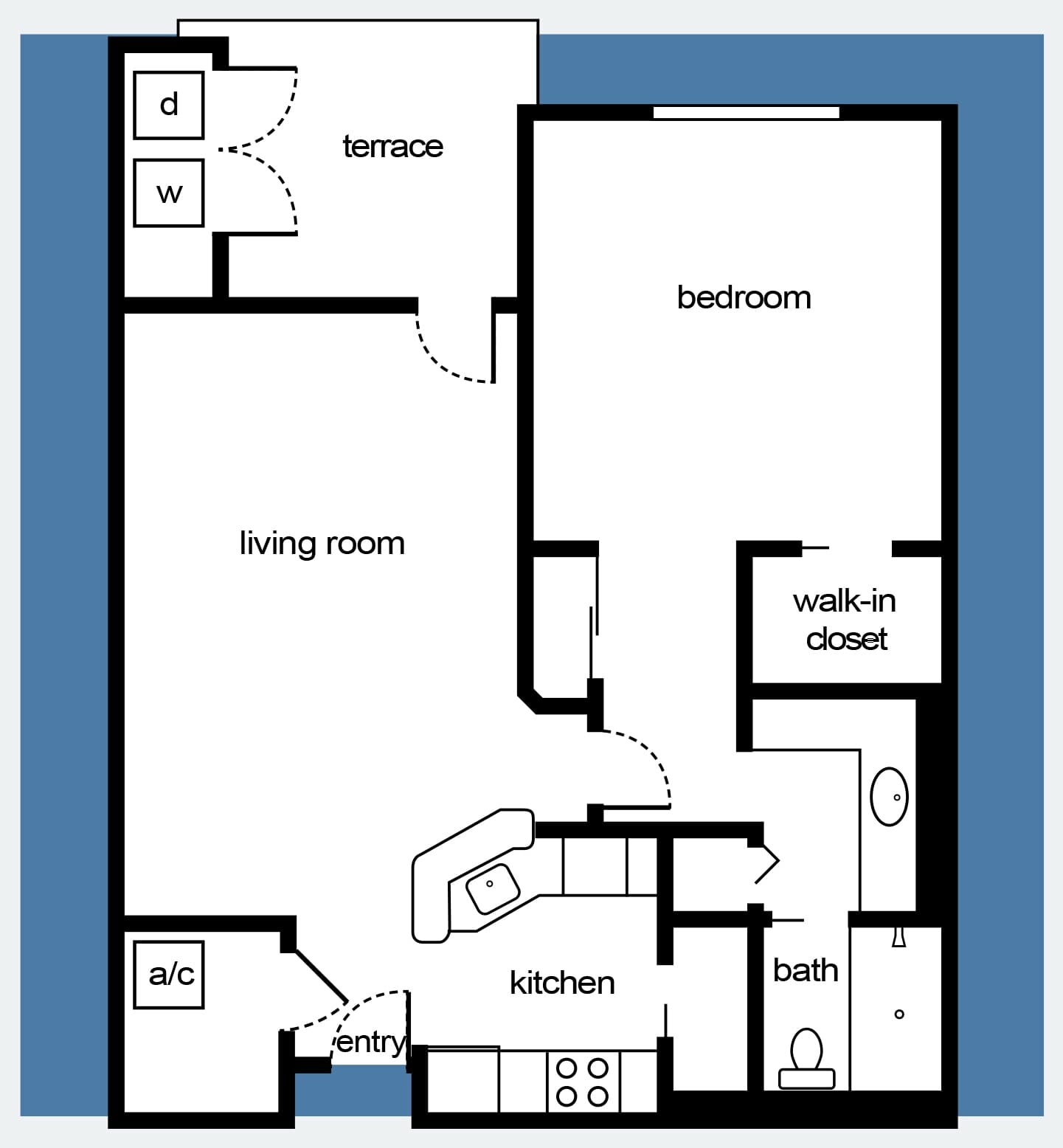 Floorplan of one bedroom apartment with living room and terrace