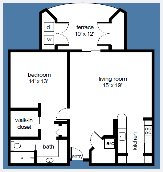 Floorplan of one bedroom apartment with living room and terrace