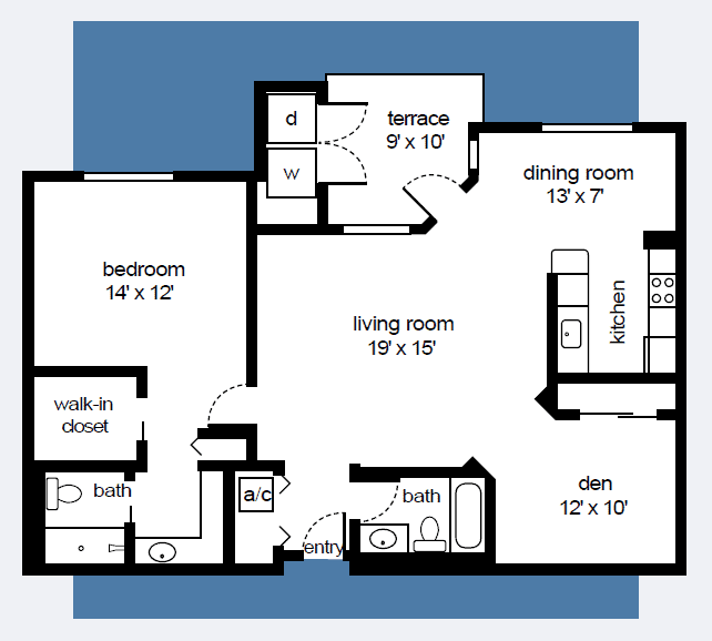 Floorplan of one bedroom apartment with den, dining room, & terrace