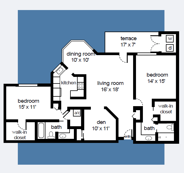 Floorplan of two bedroom apartment with den, dining room, and terrace