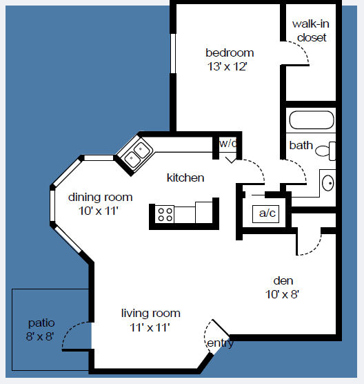 Floorplan of one bedroom apartment with den and outdoor patio