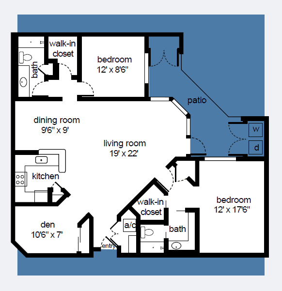 Floorplan of two bedroom apartment with den and outdoor patio