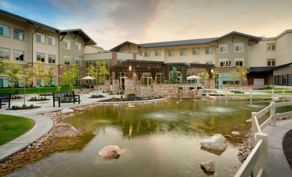Creekside Senior & Assisted Living sits alongside a beautifully landscaped creek.