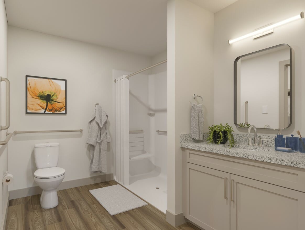 The Gallery at Spokane Interior Apartment Rendering Spokane Washington Independent Assisted Living and Memory Care. Apartment bathroom rendering