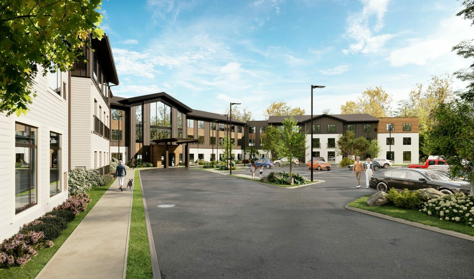 The Gallery at Spokane Exterior Rendering Spokane Washington Independent Assisted Living and Memory Care. Walking paths and landscaped grounds.