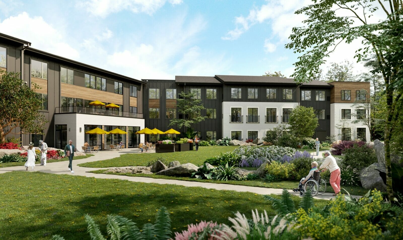 The Gallery at Spokane Exterior Rendering Spokane Washington Independent Assisted Living and Memory Care. Walking paths and landscaped grounds.