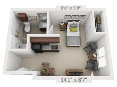 1 bedroom apartment layout with patio park lane senior living independent living salt lake city utah
