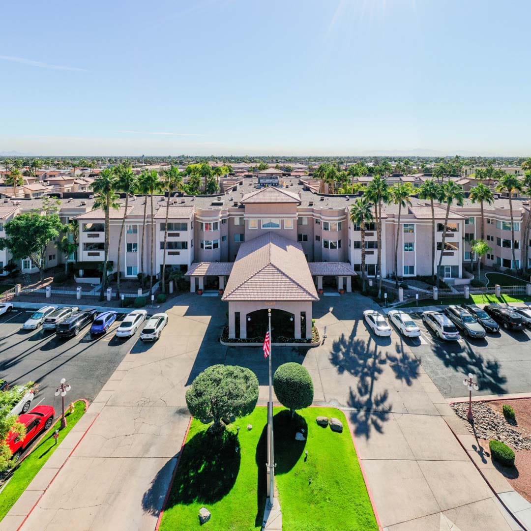 Aerial view of The Palms at Sun City senior living building