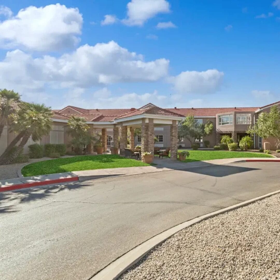 Copper Creek Senior Living South Jordan Utah front entrance at sunset