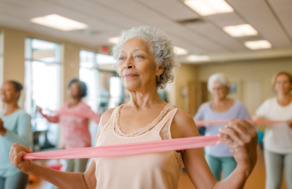 A senior woman stretches using a resistance band.