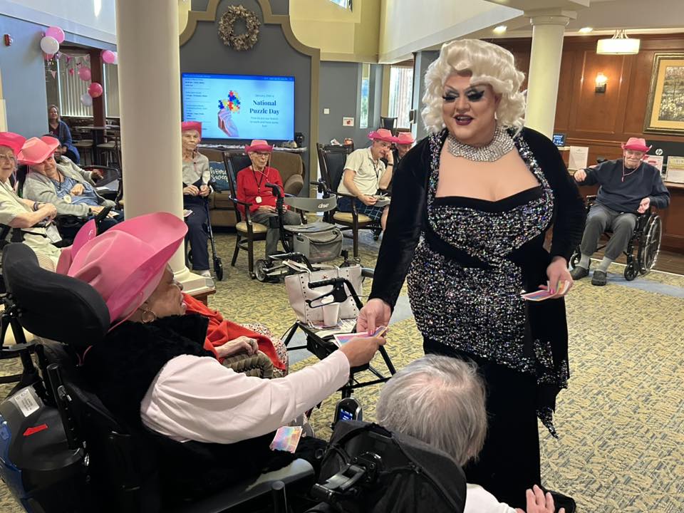 A Dolly Parton impersonator visits Overlake Terrace Assisted Living in Redmond, Washington