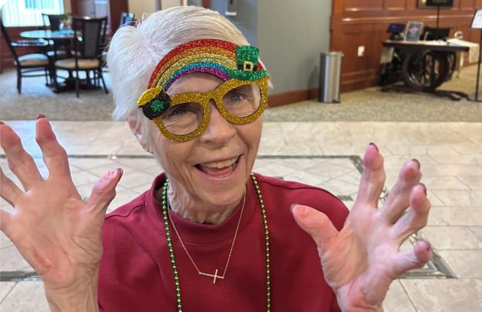 Overlake Terrace Senior Living resident celebrating St Patrick's Day